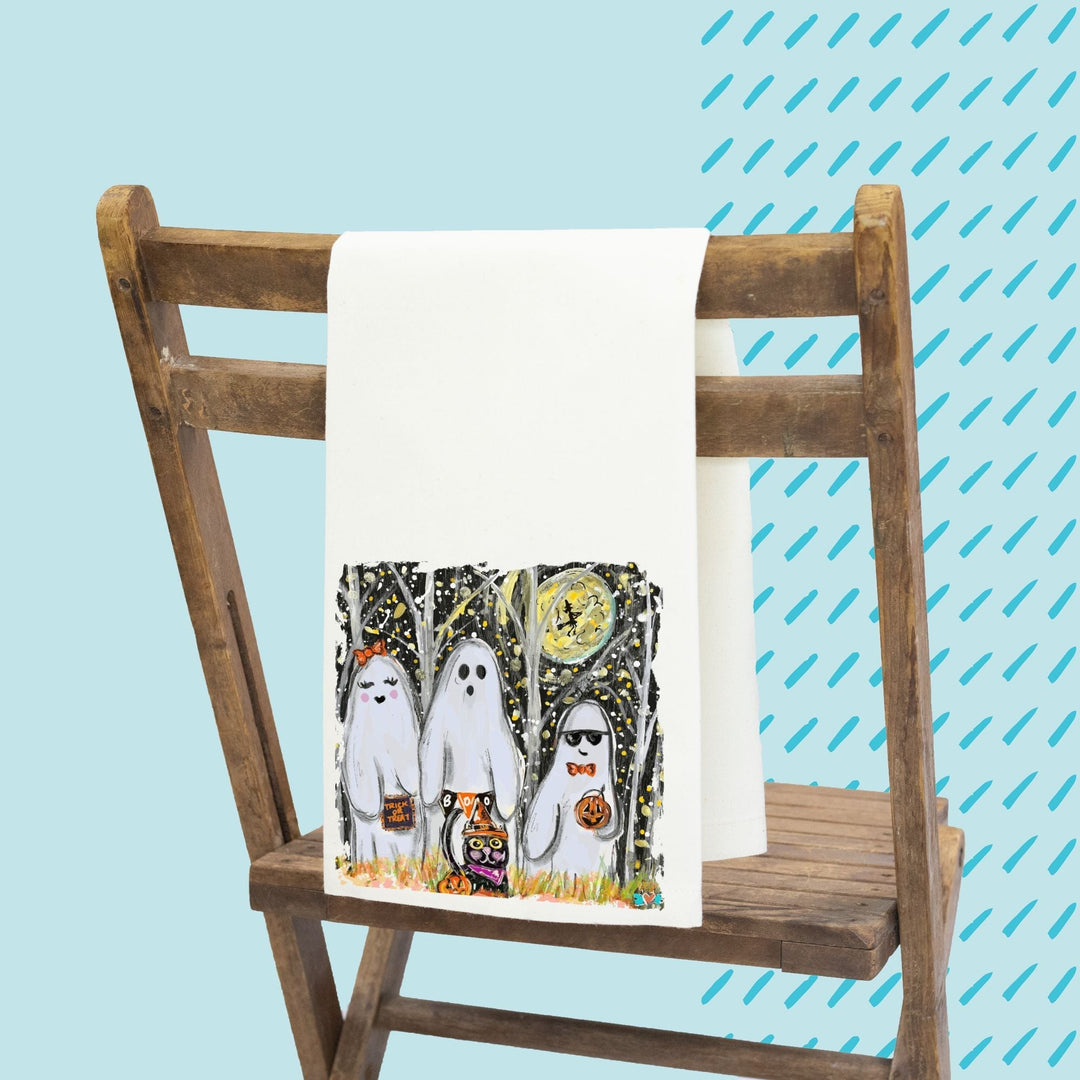 3 GHOSTS & A CAT DESIGN ON TEA TOWEL