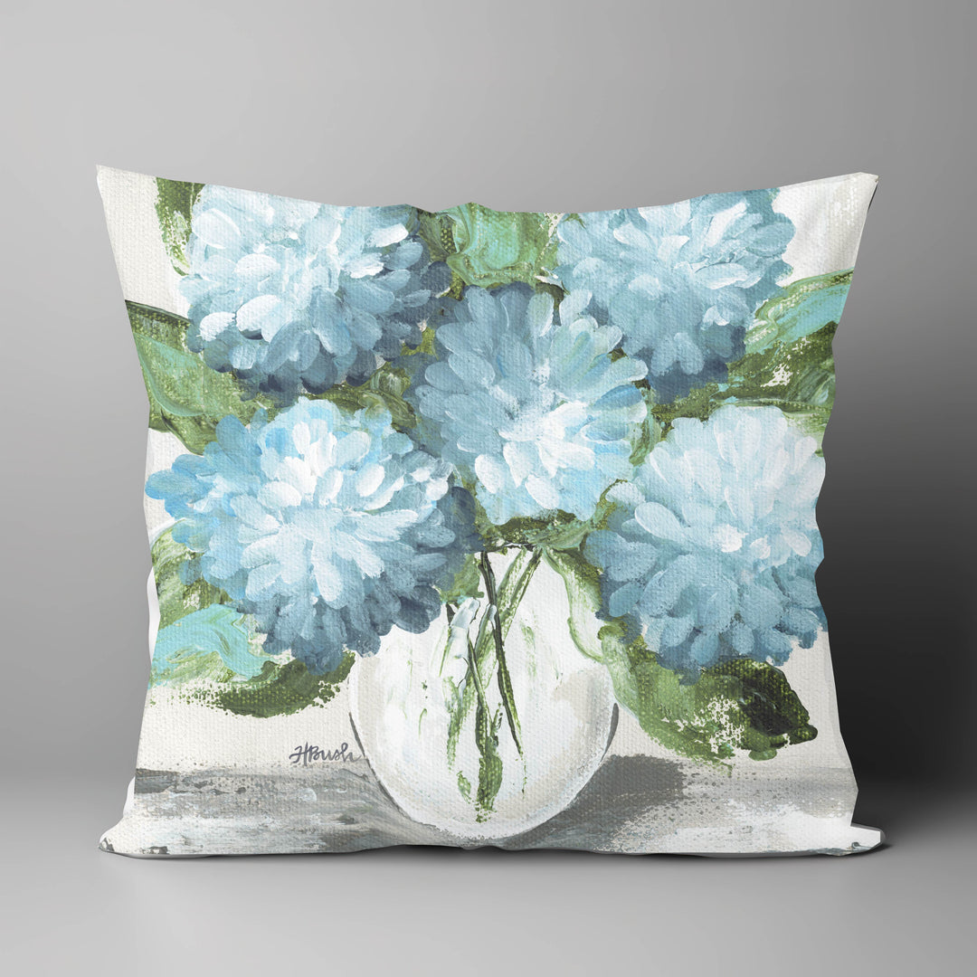 "Blue Hydrangeas on White" on 18"X18" Pillow