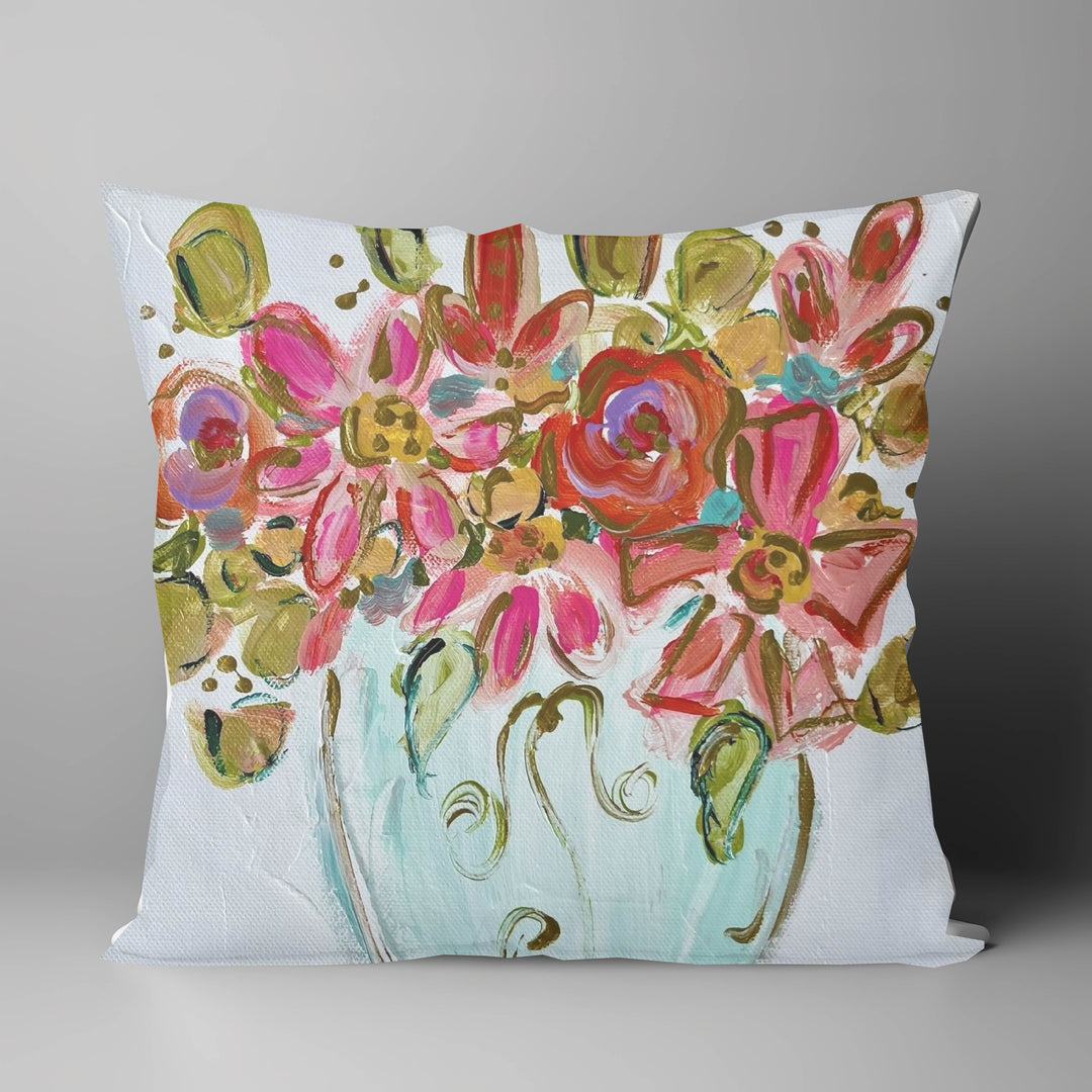 "Hot Pink Flowers" on 18 x 18 Pillow