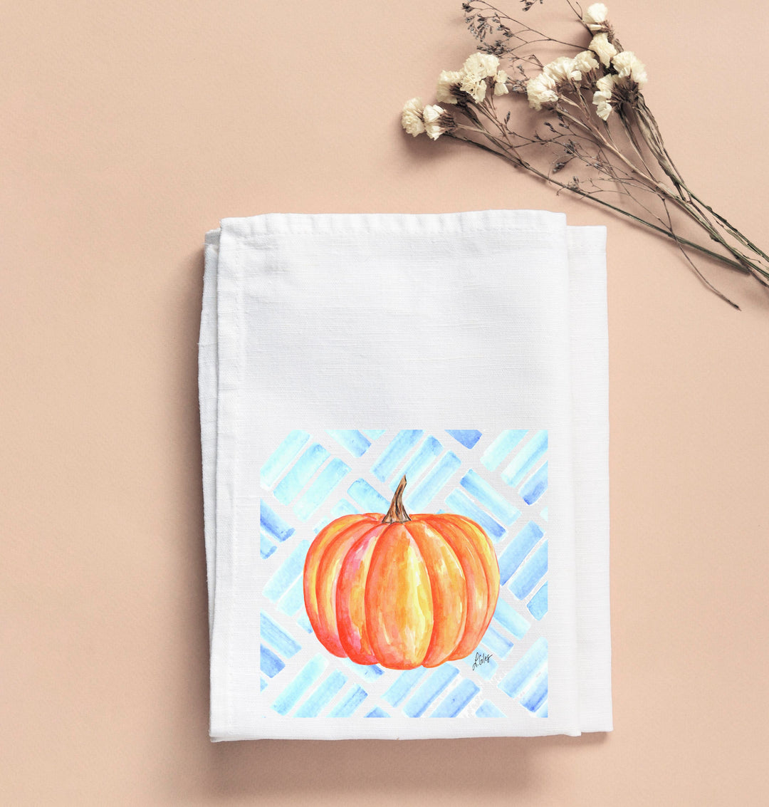 LAURA'S ORANGE PUMPKIN WITH BLUE PATTERN BACK TEA TOWEL