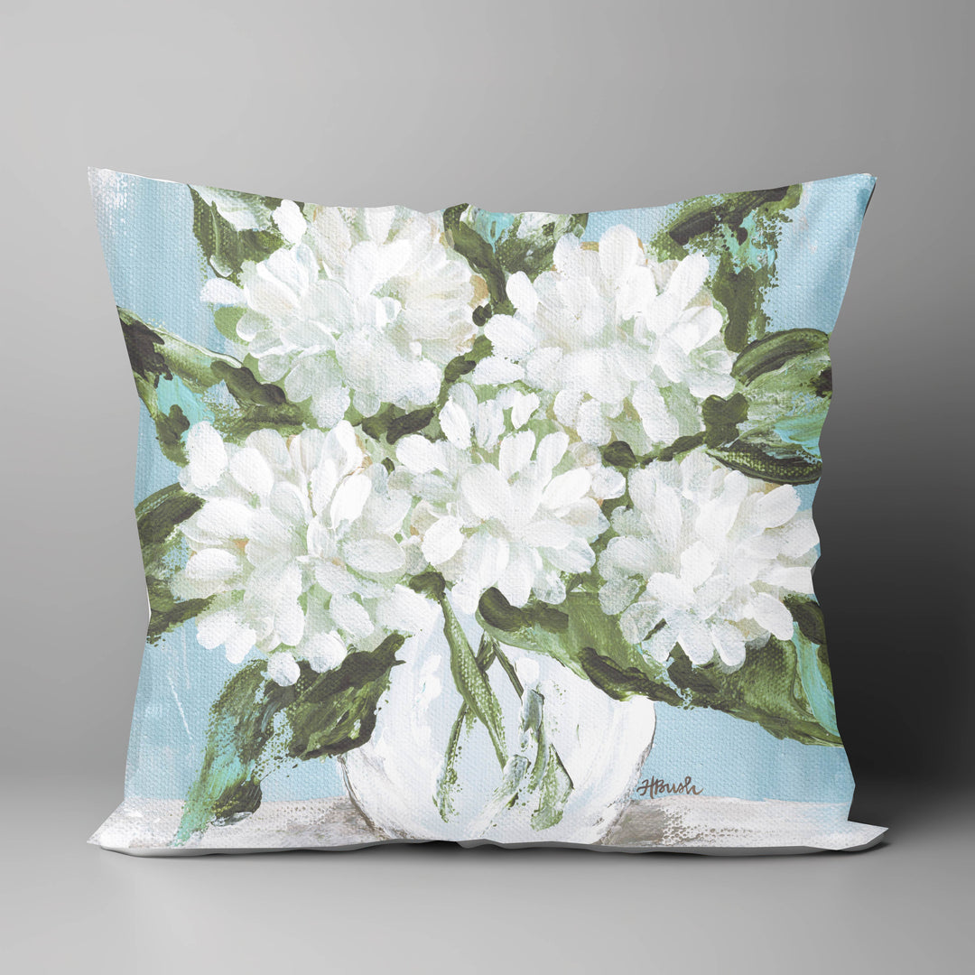 "White Hydrangeas on Blue" on 18"X18" Pillow