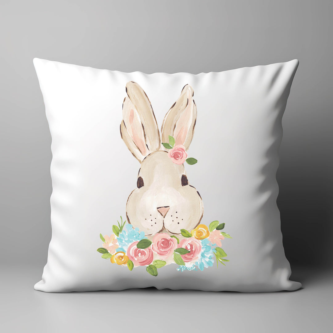 "Bunny with Floral Wreath" on 18"X18" Pillow